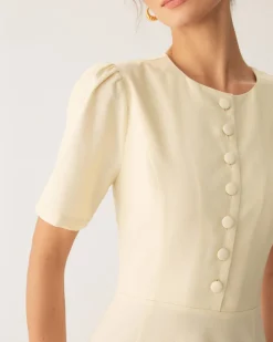 Beige Puffed Sleeve Button Midi Dress