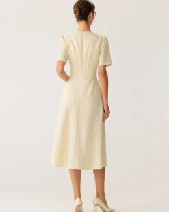 Beige Puffed Sleeve Button Midi Dress
