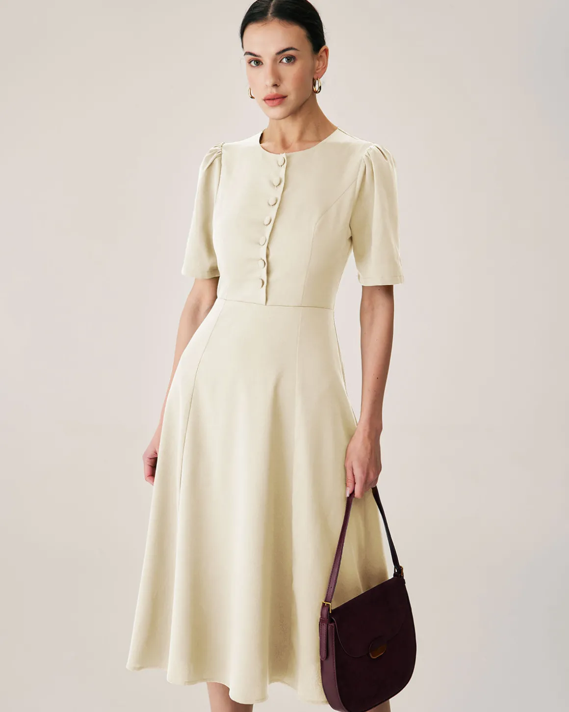 Beige Puffed Sleeve Button Midi Dress