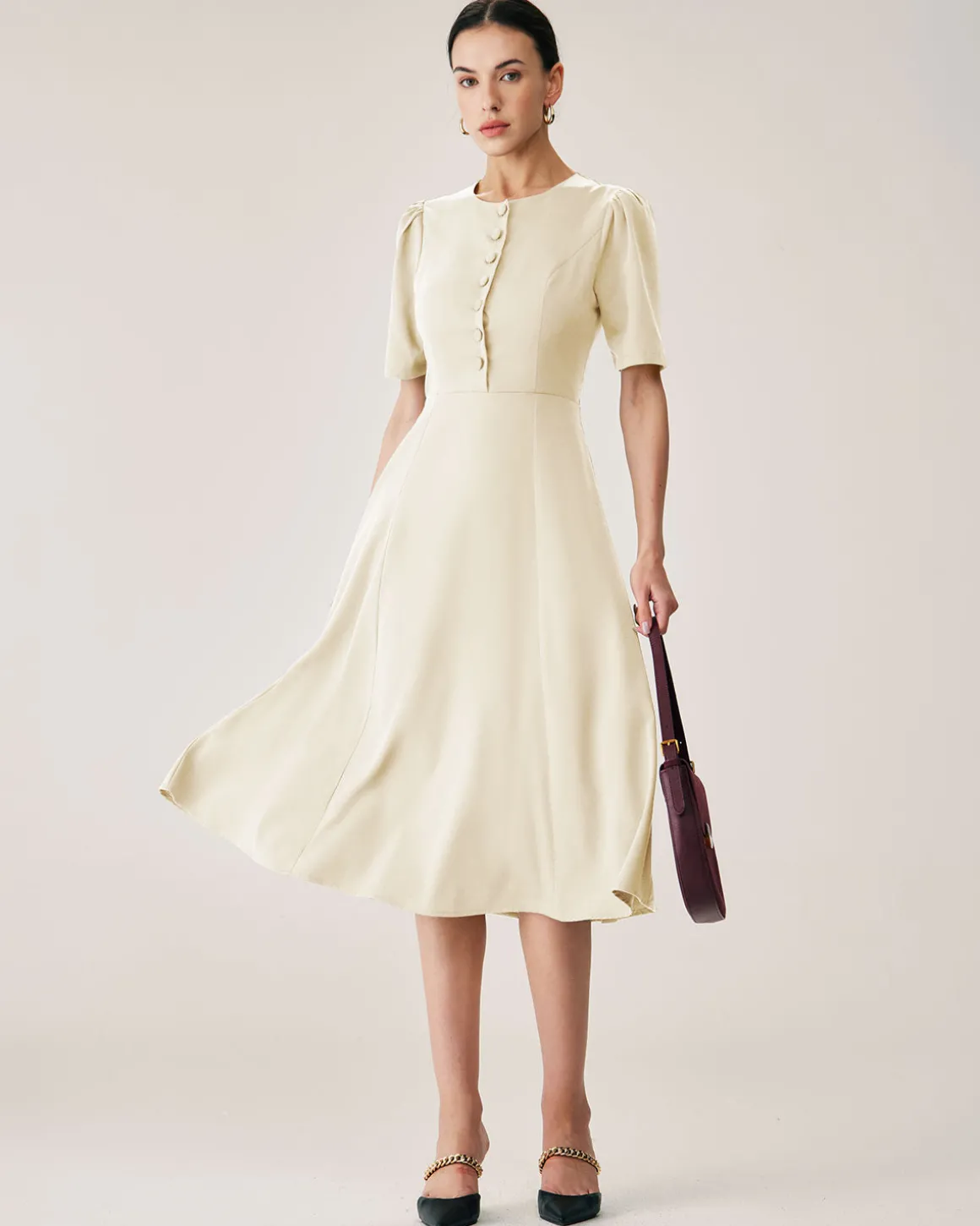 Beige Puffed Sleeve Button Midi Dress