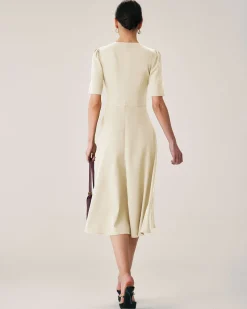 Beige Puffed Sleeve Button Midi Dress