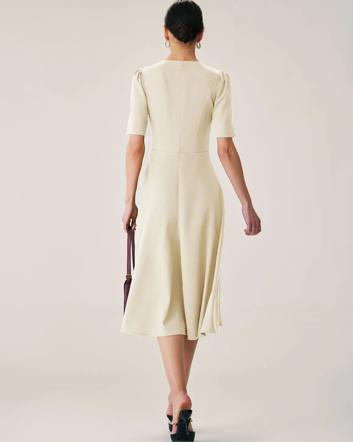 Beige Puffed Sleeve Button Midi Dress