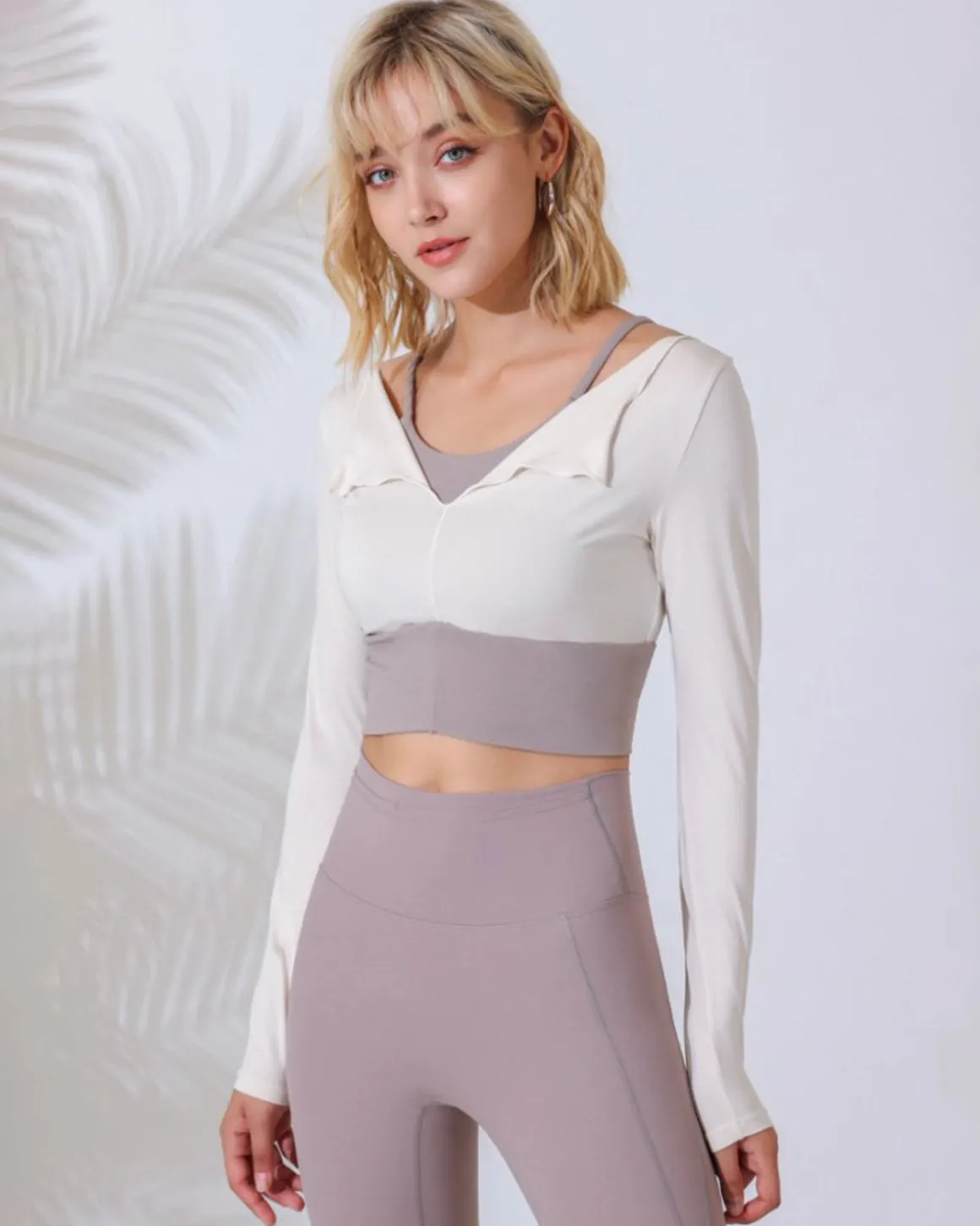 Beige Round Neck Long Sleeve Top - Light Support