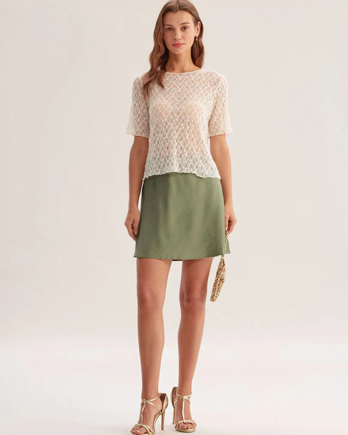 Beige Round Neck Textured Half Sleeve Tee