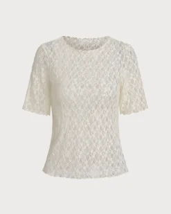 Beige Round Neck Textured Half Sleeve Tee