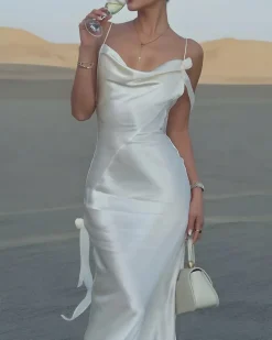 Beige Ruched Backless Slip Maxi Dress