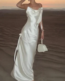 Beige Ruched Backless Slip Maxi Dress