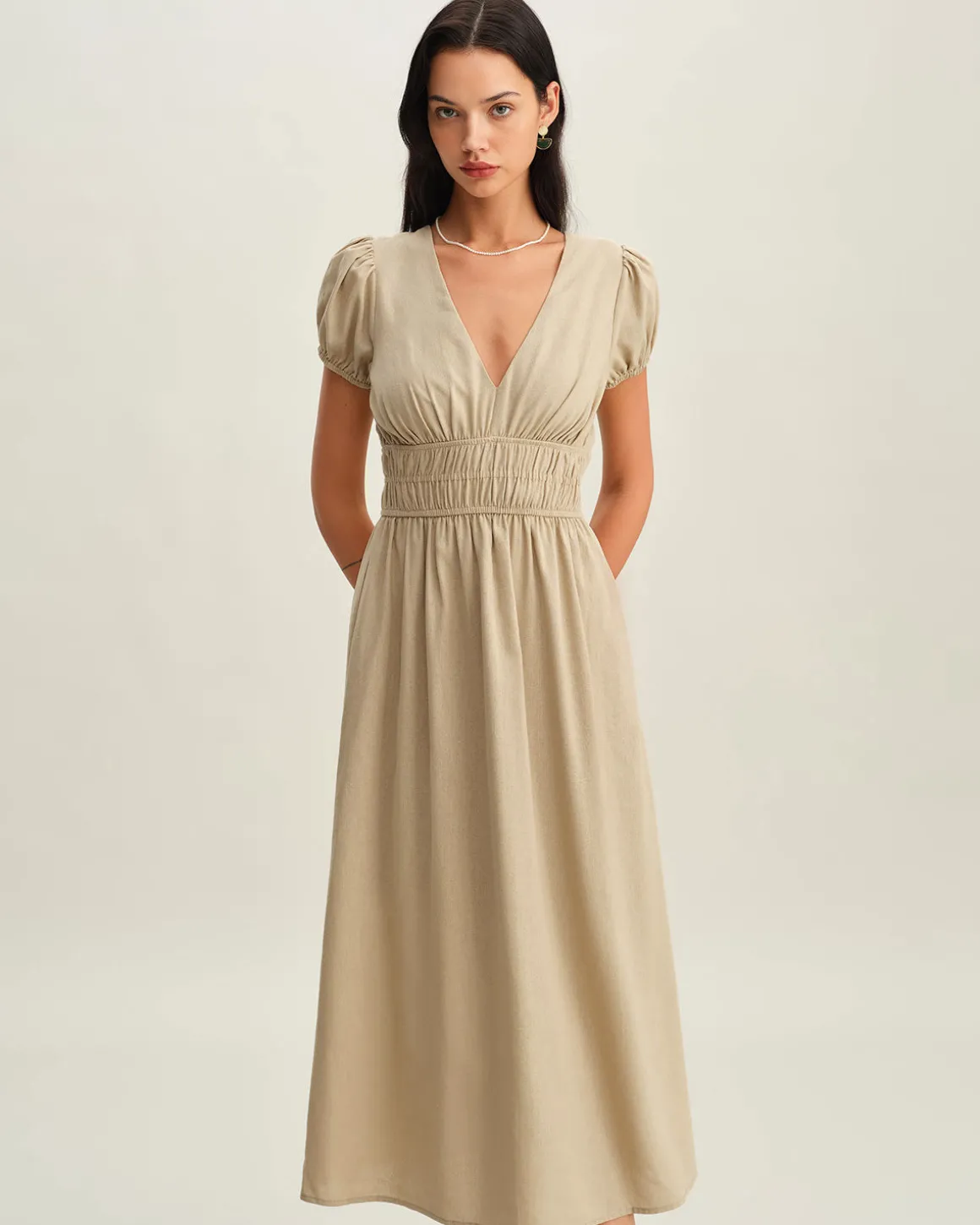 Beige Ruched Puffed Sleeve Midi Dress
