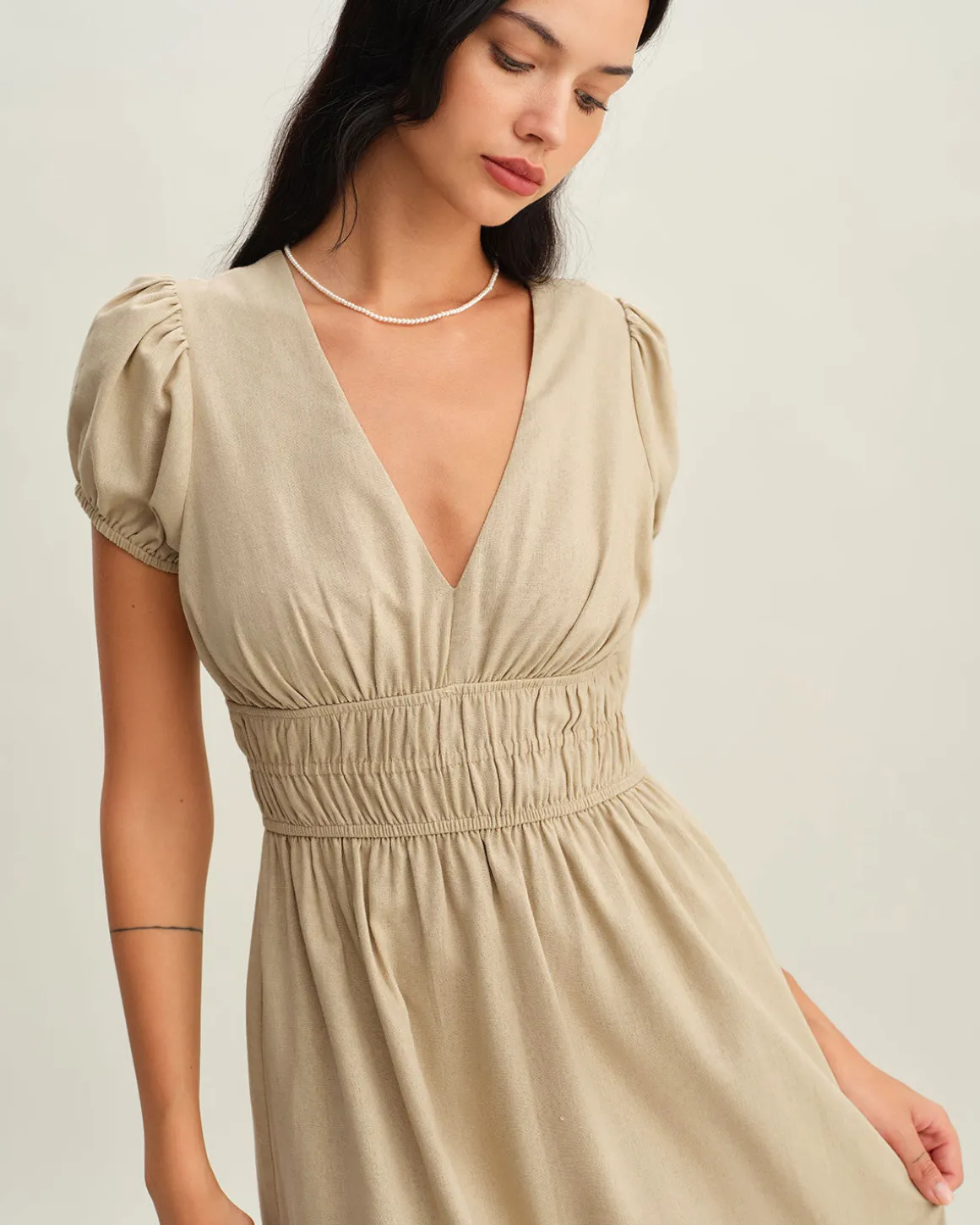 Beige Ruched Puffed Sleeve Midi Dress