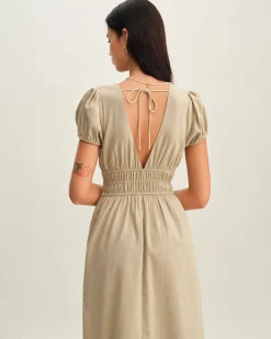 Beige Ruched Puffed Sleeve Midi Dress