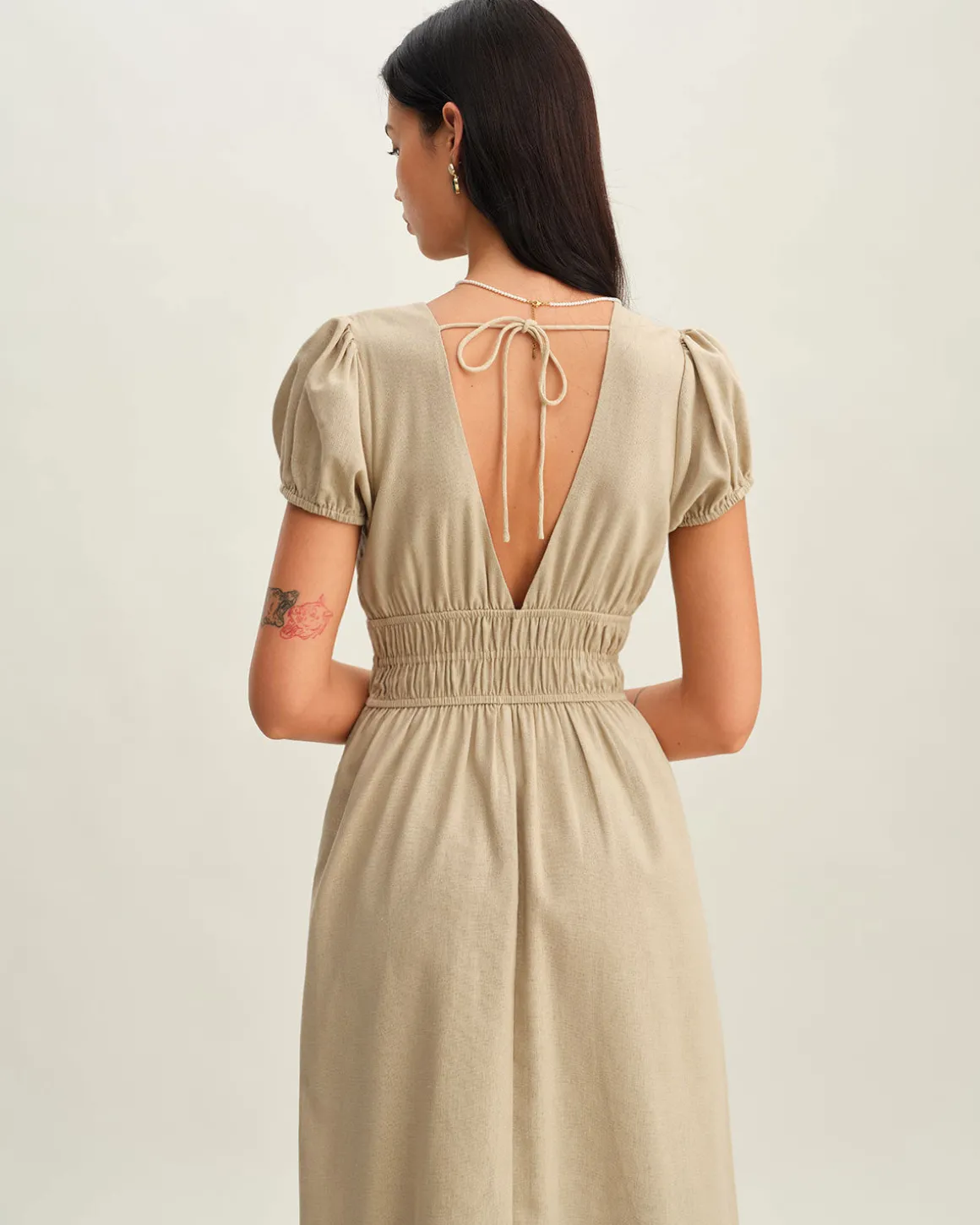 Beige Ruched Puffed Sleeve Midi Dress