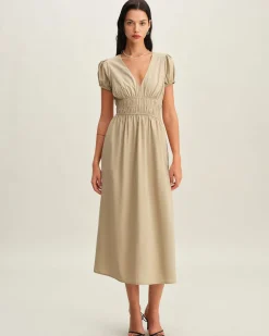 Beige Ruched Puffed Sleeve Midi Dress