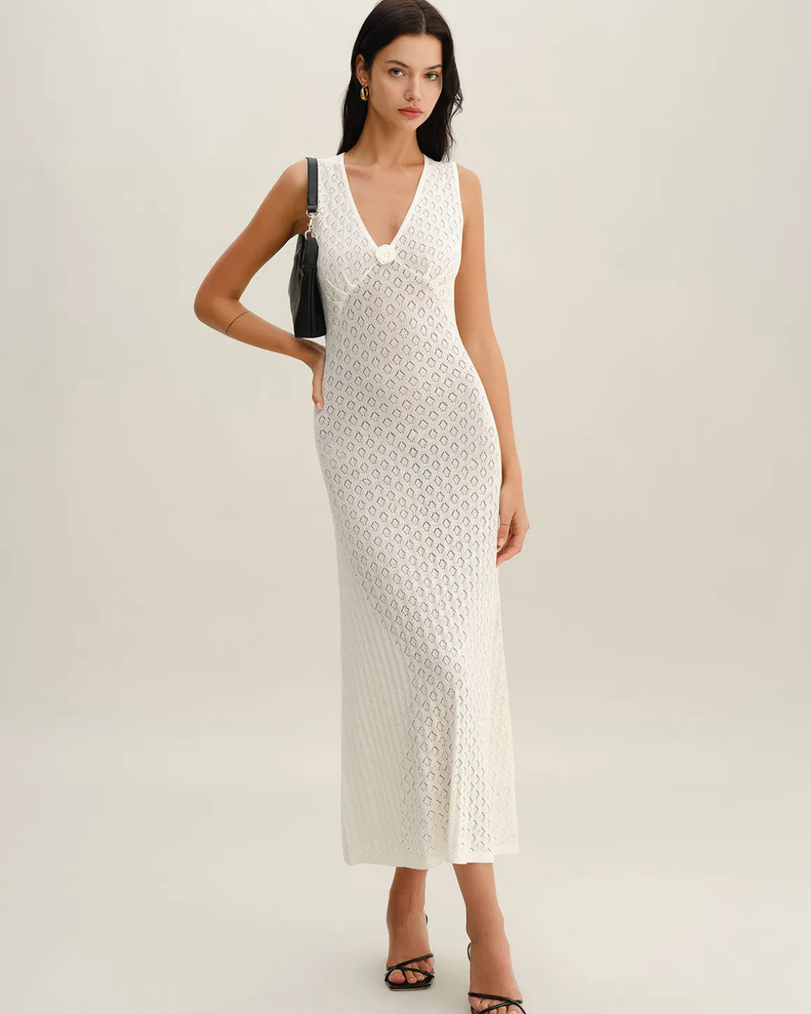 Beige Sleeveless Pleated Midi Dress