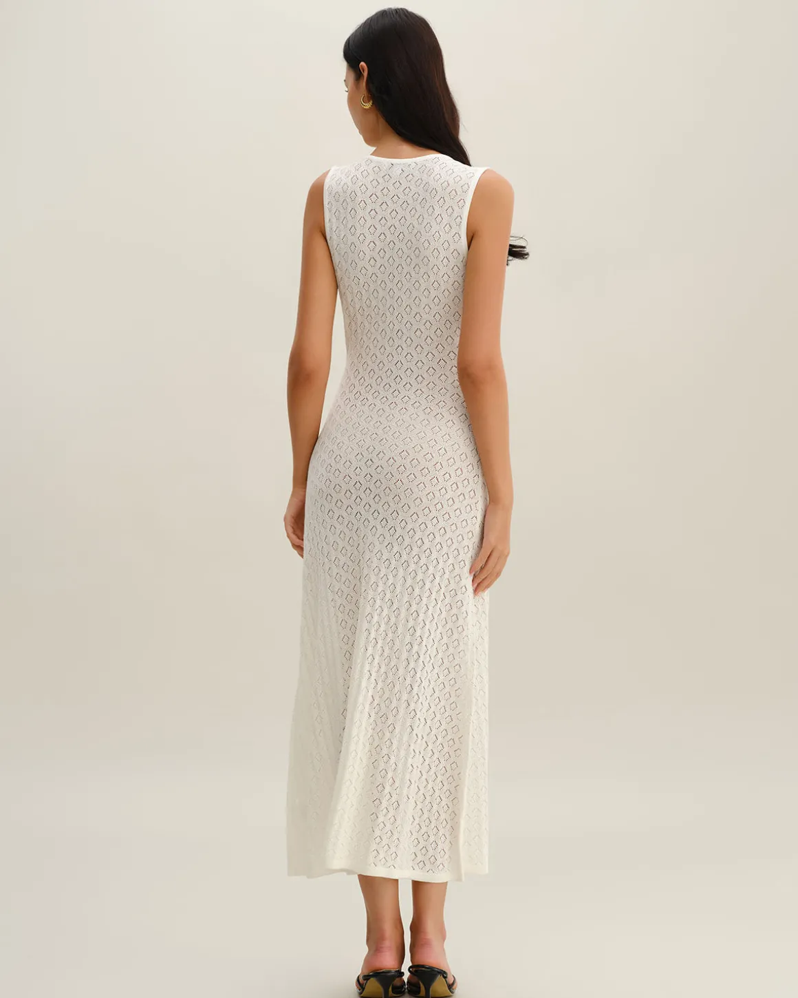 Beige Sleeveless Pleated Midi Dress