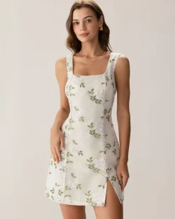 Beige Square Neck Embroidery Slit Slip Mini Dress
