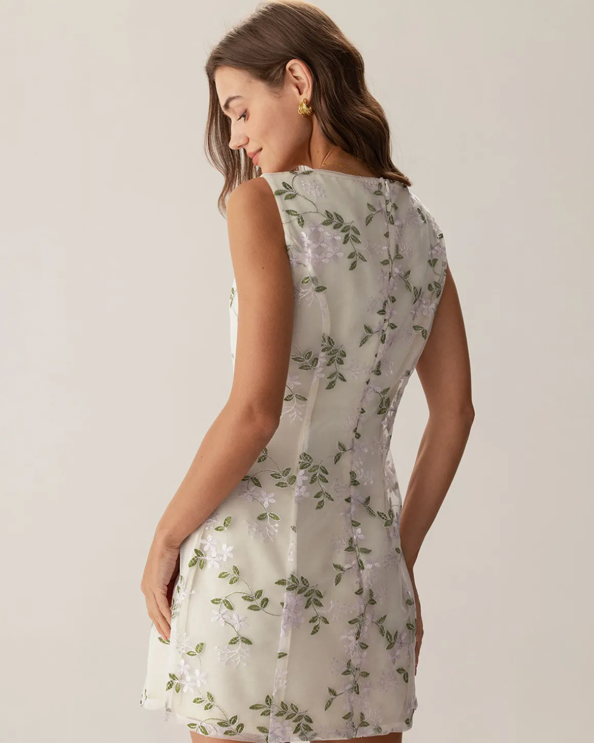 Beige Square Neck Embroidery Slit Slip Mini Dress