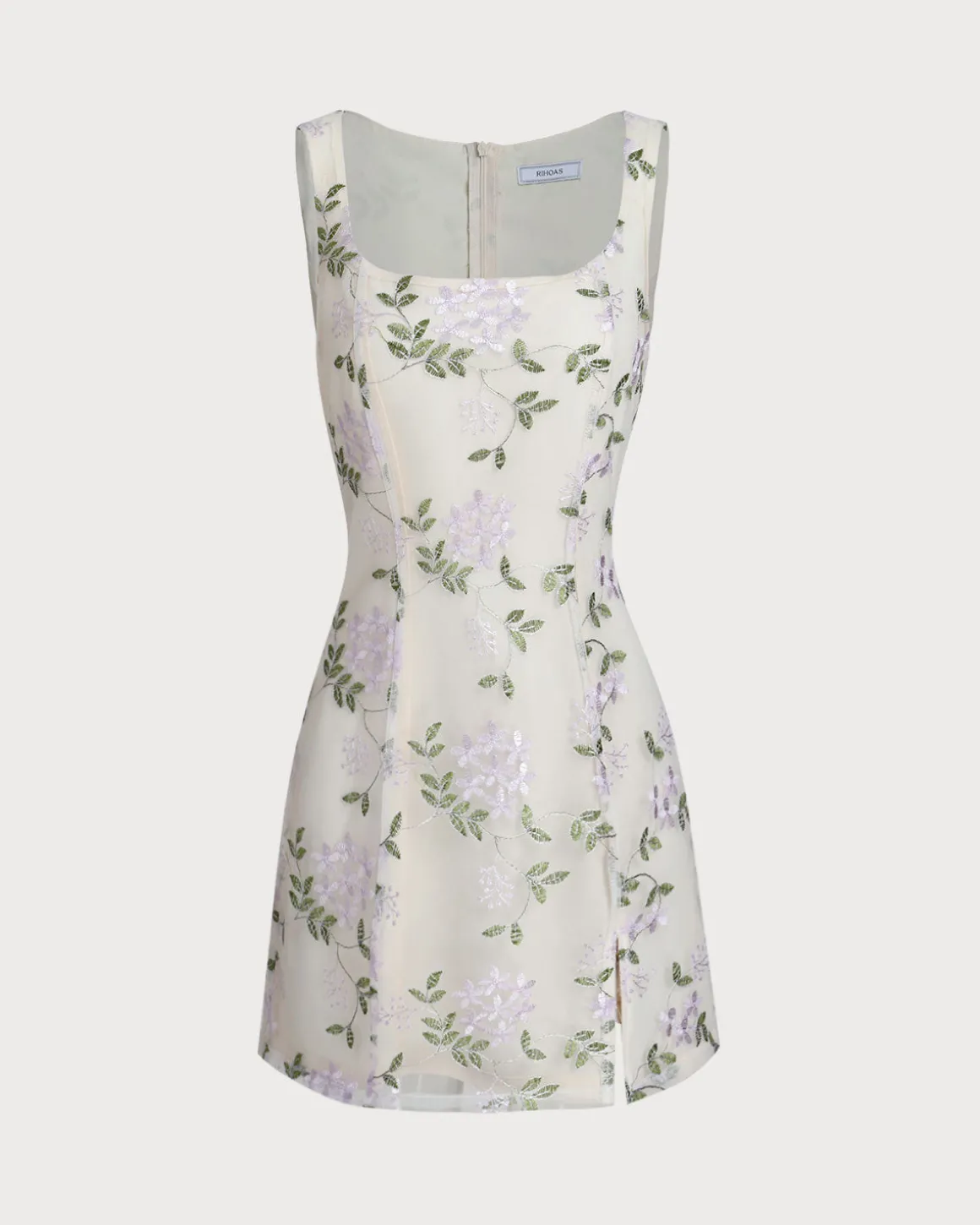 Beige Square Neck Embroidery Slit Slip Mini Dress