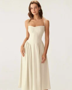 Beige Square Neck Pocket Slip Midi Dress