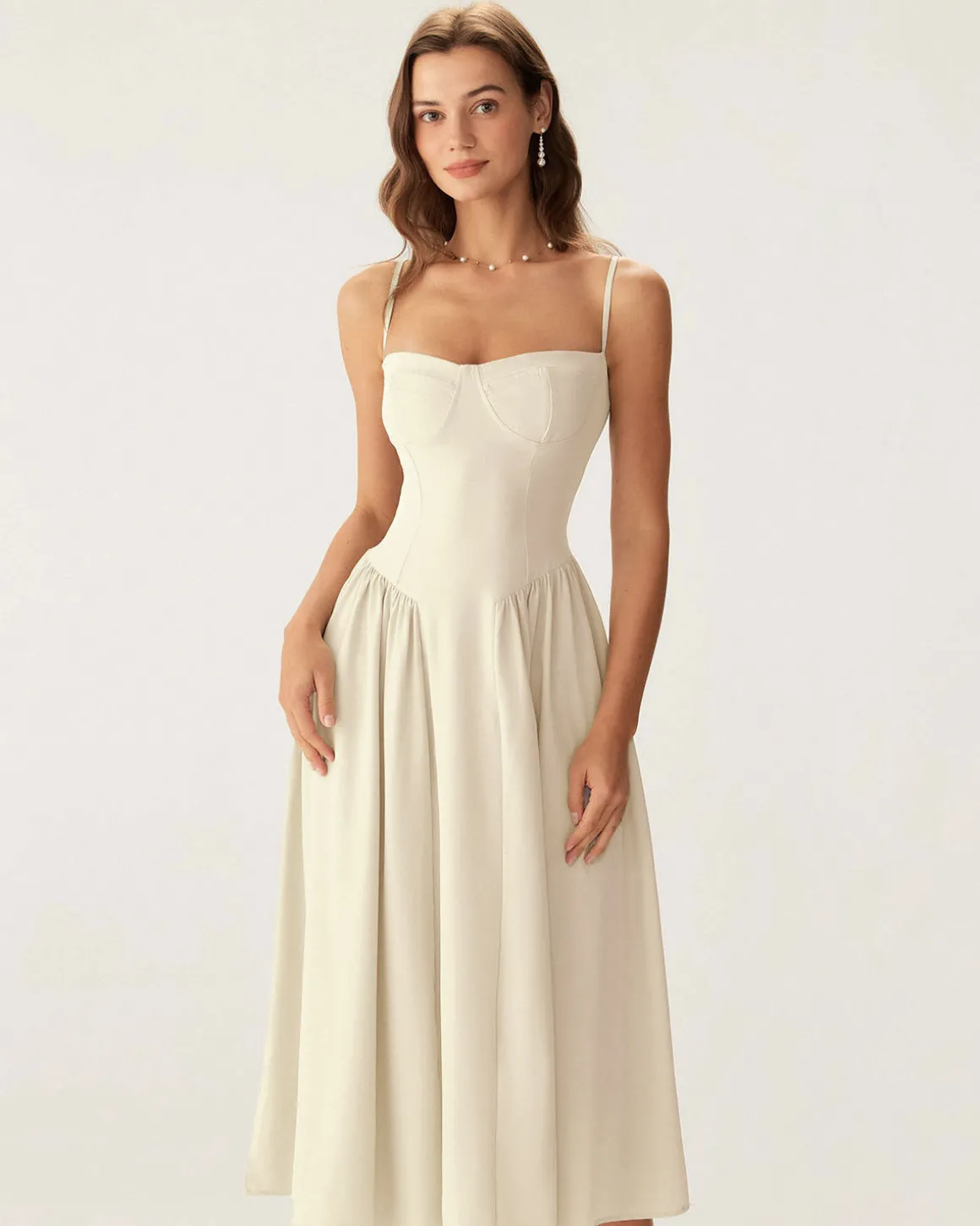 Beige Square Neck Pocket Slip Midi Dress