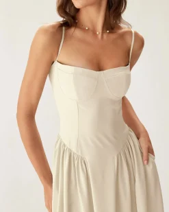 Beige Square Neck Pocket Slip Midi Dress