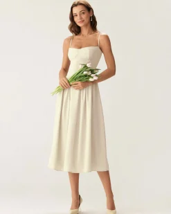 Beige Square Neck Pocket Slip Midi Dress
