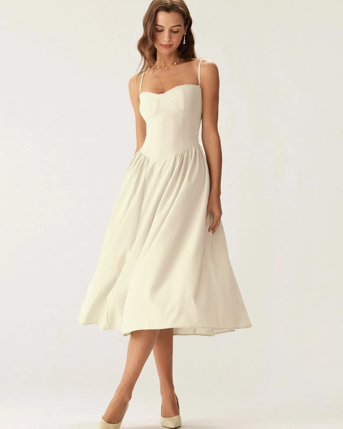Beige Square Neck Pocket Slip Midi Dress