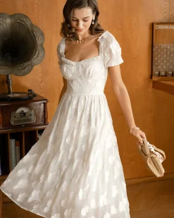 Beige Square Neck Puffed Sleeve Midi Dress