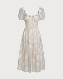 Beige Square Neck Puffed Sleeve Midi Dress
