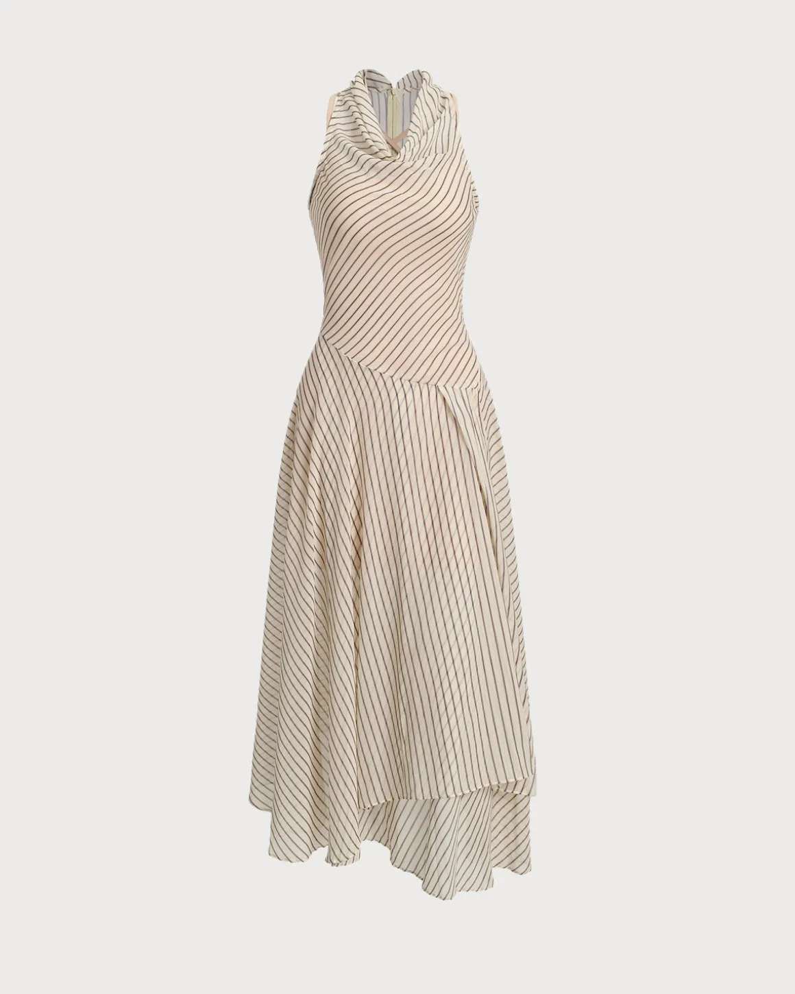 Beige Striped Cowl Neck Sleeveless Midi Dress