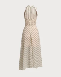 Beige Striped Cowl Neck Sleeveless Midi Dress