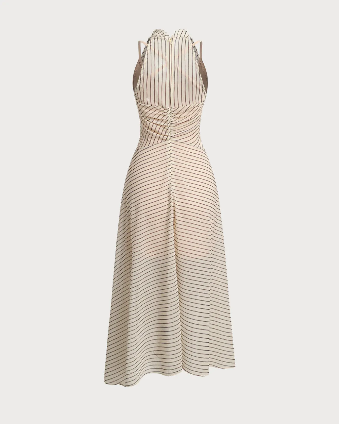 Beige Striped Cowl Neck Sleeveless Midi Dress