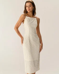 Beige Textured Beaded Slip Midi Dress