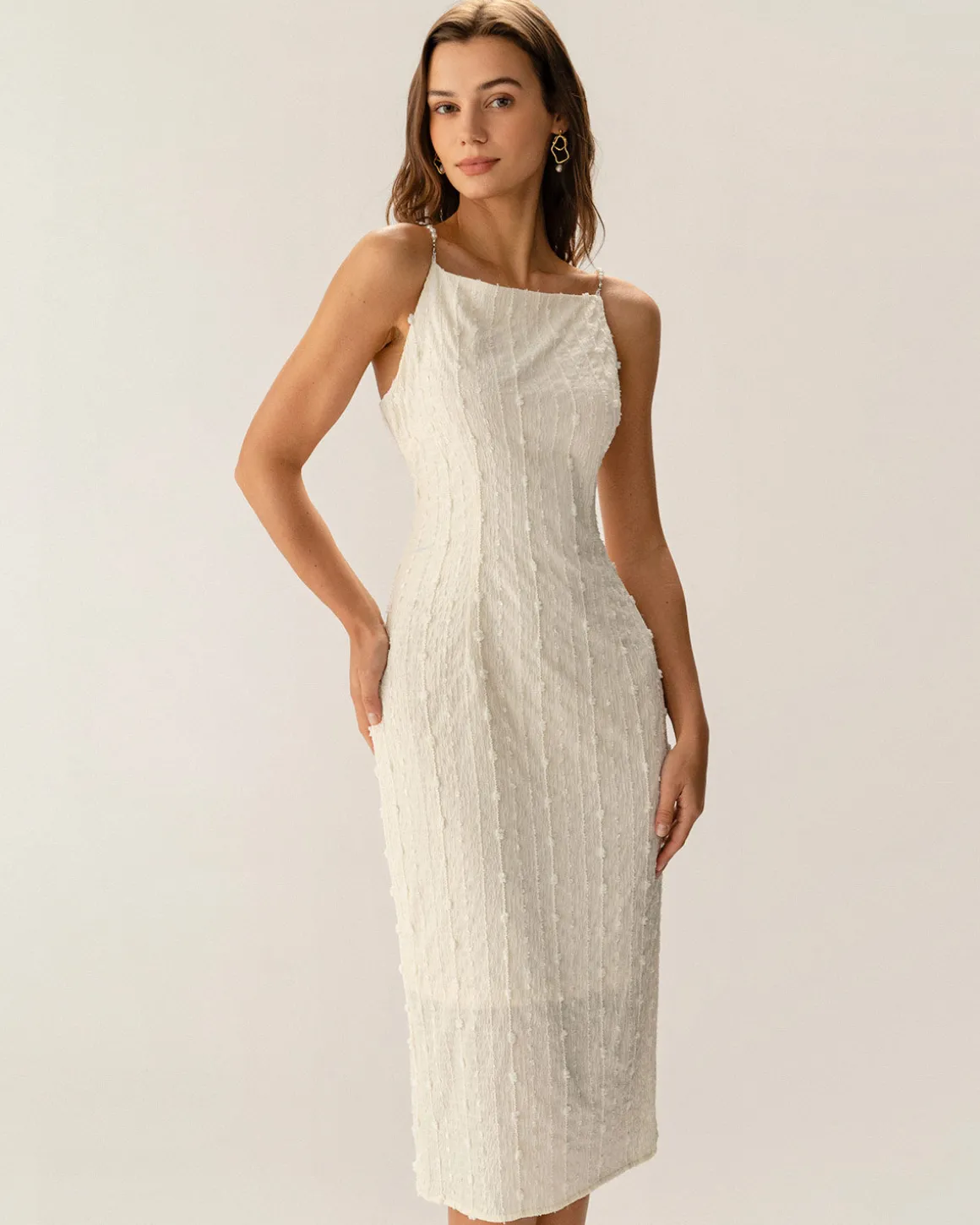 Beige Textured Beaded Slip Midi Dress
