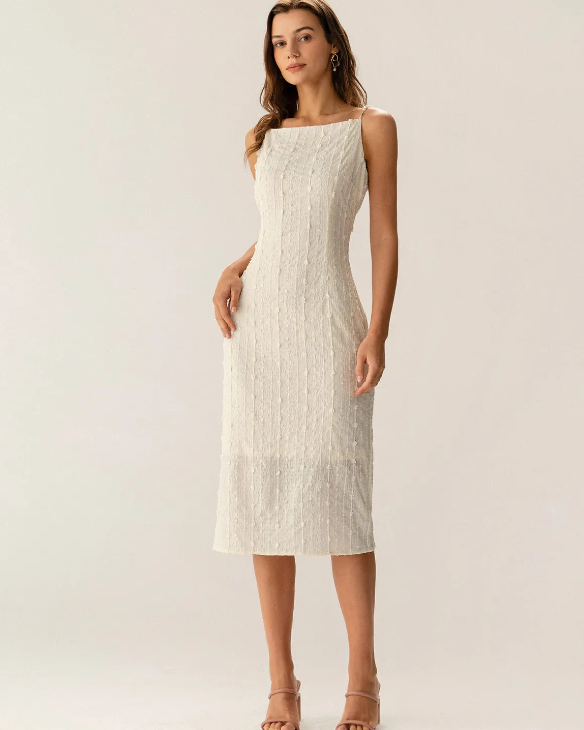 Beige Textured Beaded Slip Midi Dress