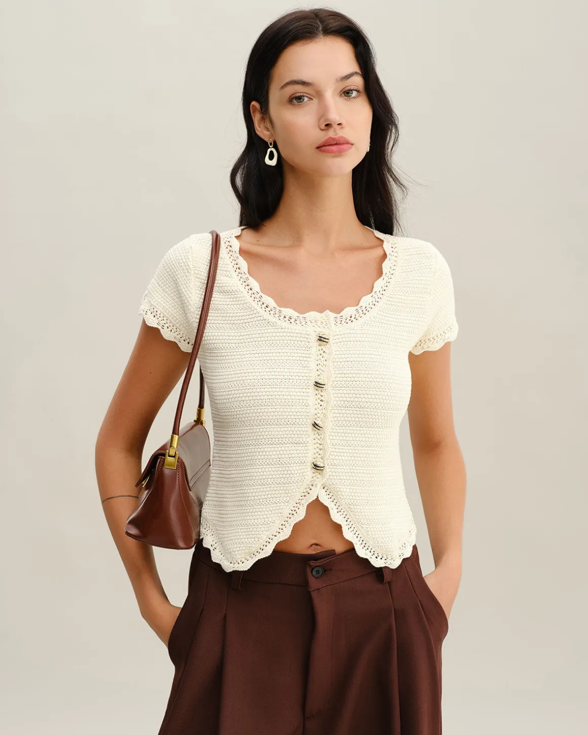 Beige U Neck Textured Cardigan