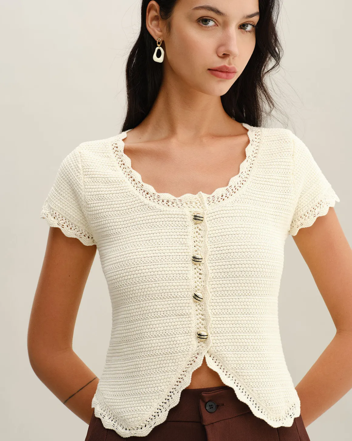 Beige U Neck Textured Cardigan