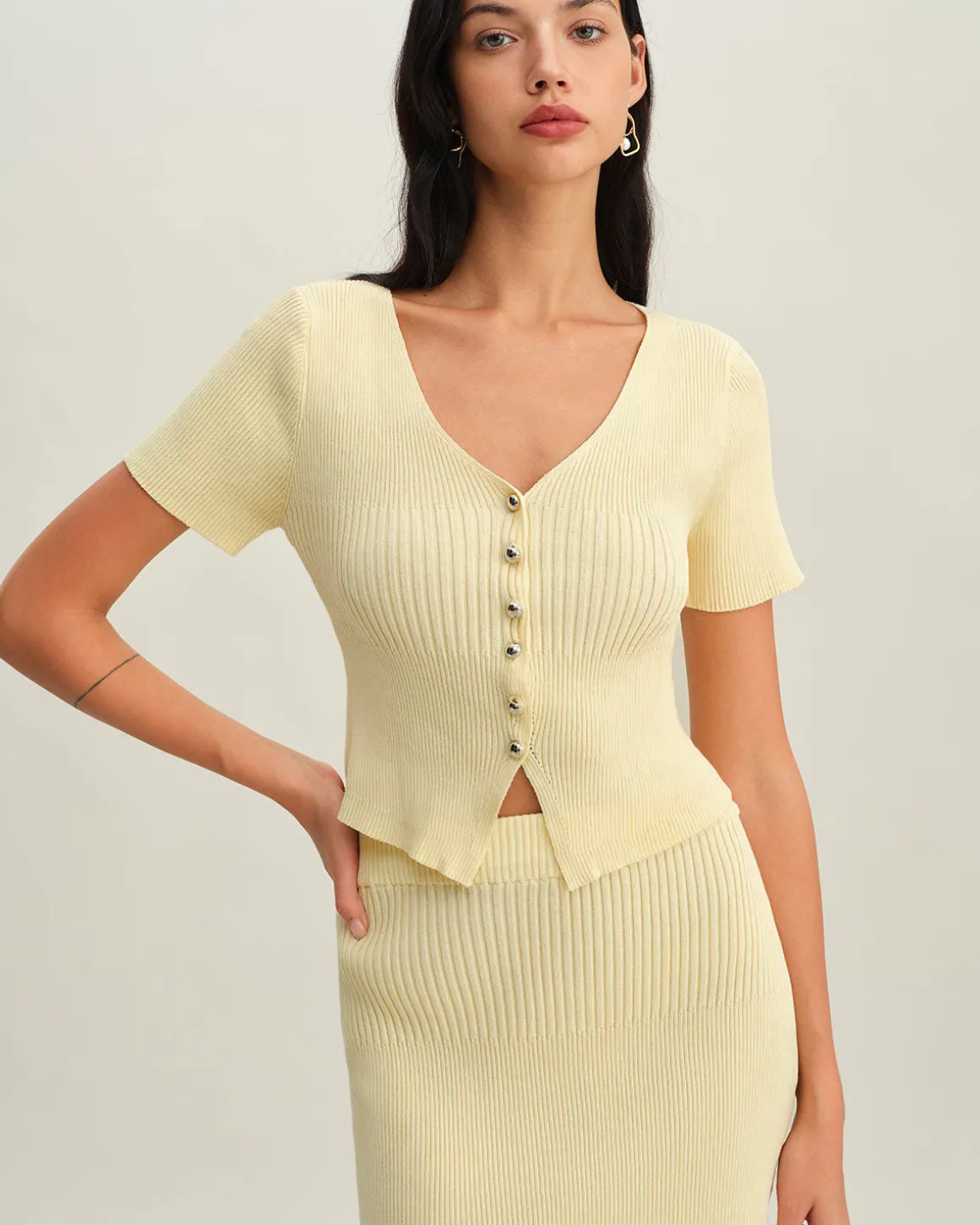 Beige V Neck Button Knit Cardigan