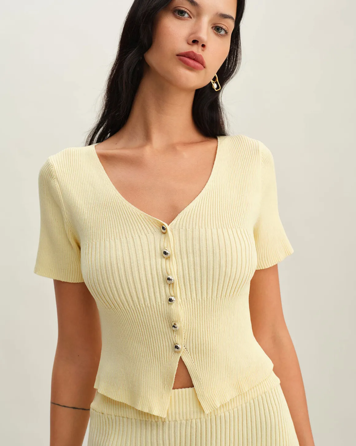 Beige V Neck Button Knit Cardigan