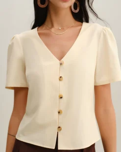 Beige V Neck Button Short Sleeve Blouse