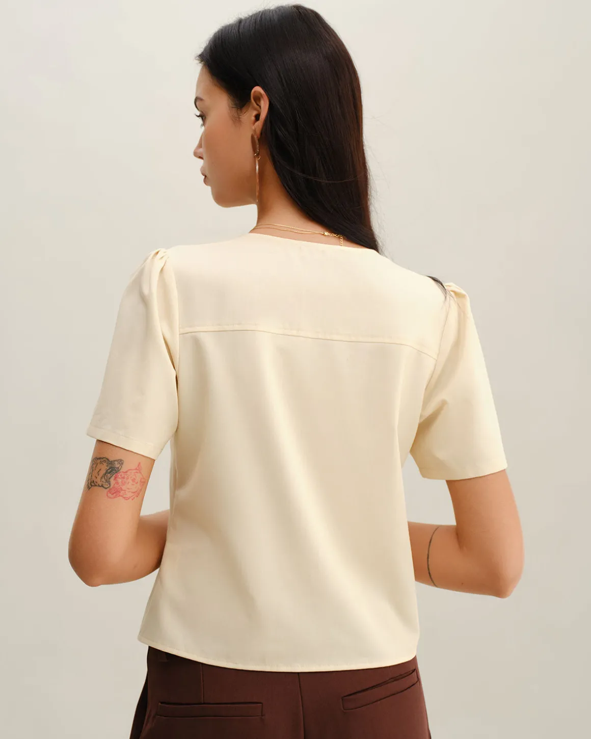 Beige V Neck Button Short Sleeve Blouse