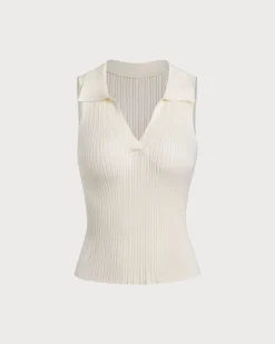 Beige V Neck Knit Tank Top