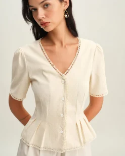 Beige V Neck Pleated Button Blouse