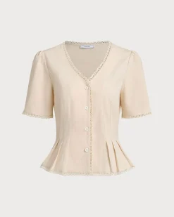 Beige V Neck Pleated Button Blouse