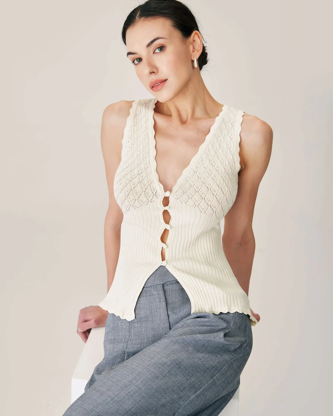 Beige V Neck Ribbed Knit Tank