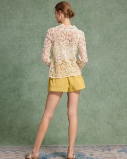 Beige V Neck Ruffle Blouse