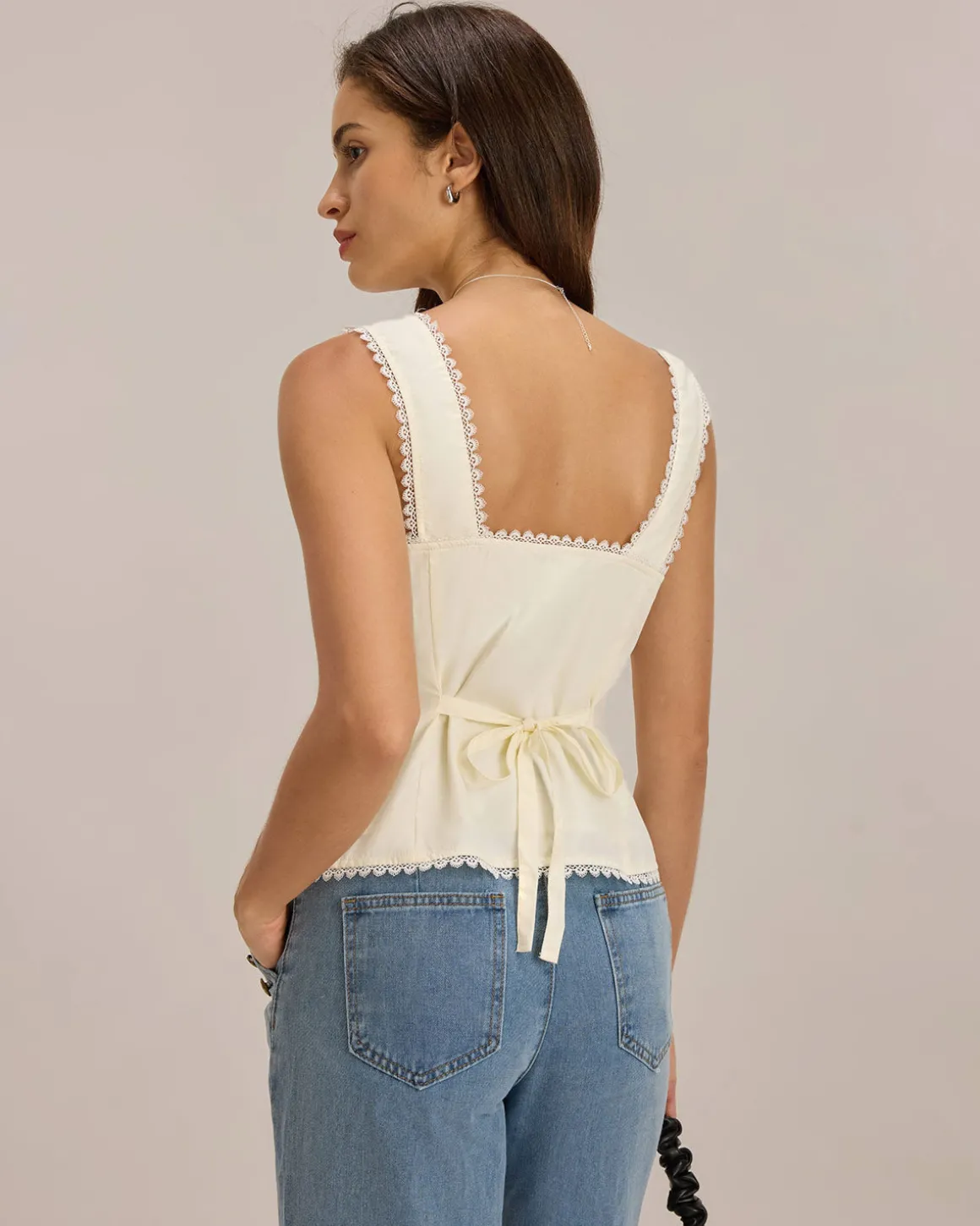 Beige Vest V Neck Lace Tie-Back Vest
