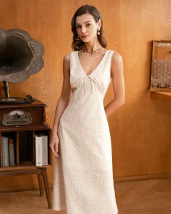 Beige V-neck Ruched Sleeveless Midi Dress