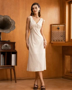 Beige V-neck Ruched Sleeveless Midi Dress