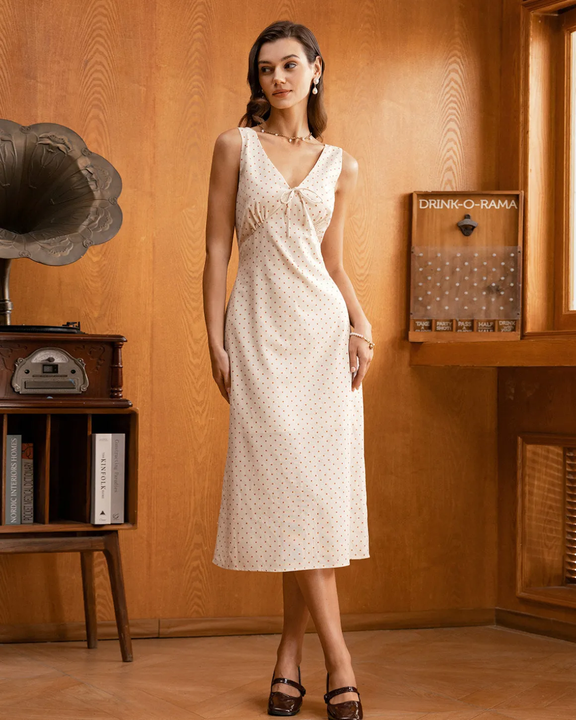 Beige V-neck Ruched Sleeveless Midi Dress