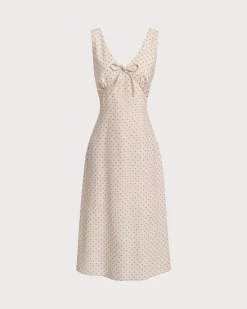 Beige V-neck Ruched Sleeveless Midi Dress